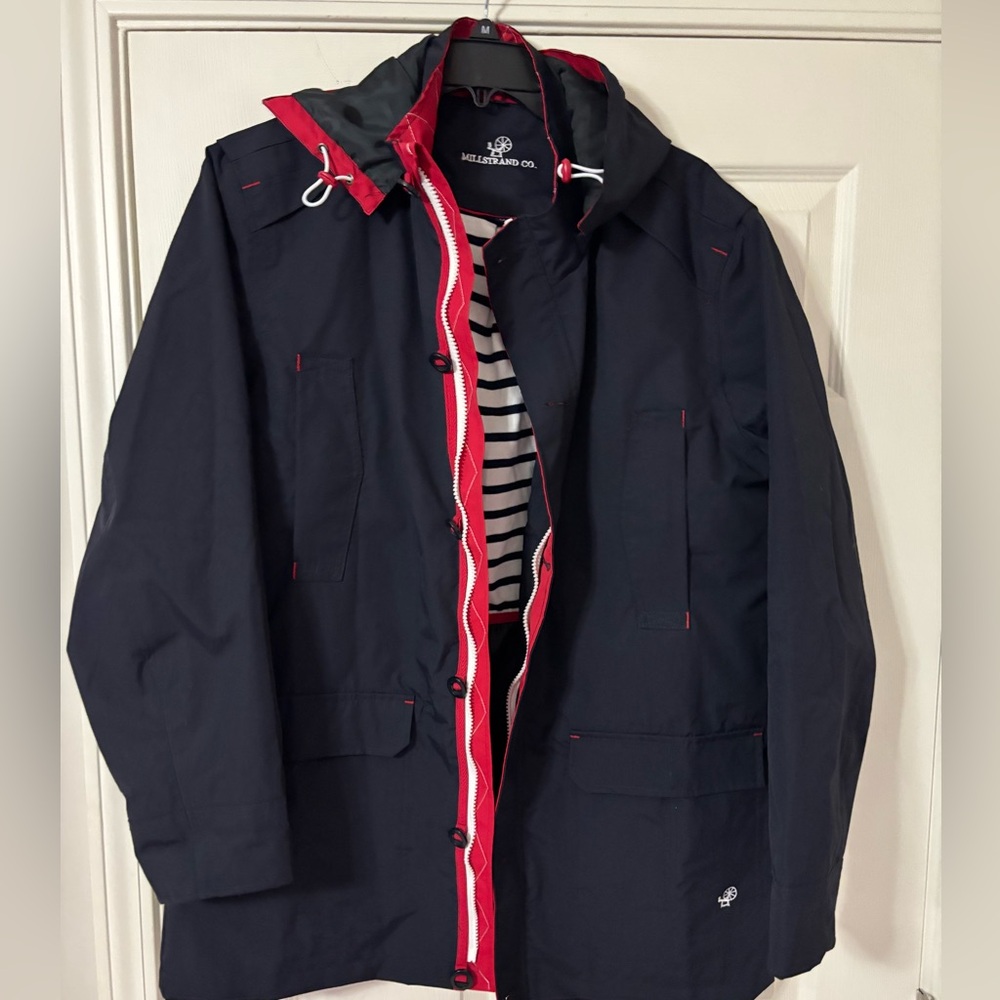 Millstrand Co. Navy Hooded Raincoat with Red Trim
